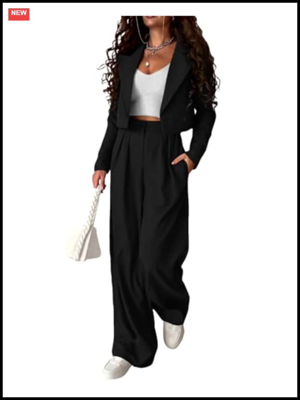 Womens 2 Piece Suit Set Cropped Blazer Wide Leg Pants Business Casual